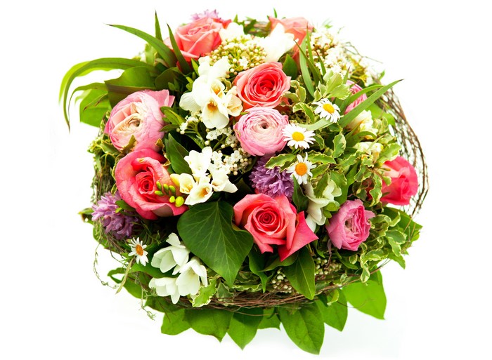 Pink and white flower bouquet with roses and ranunculus