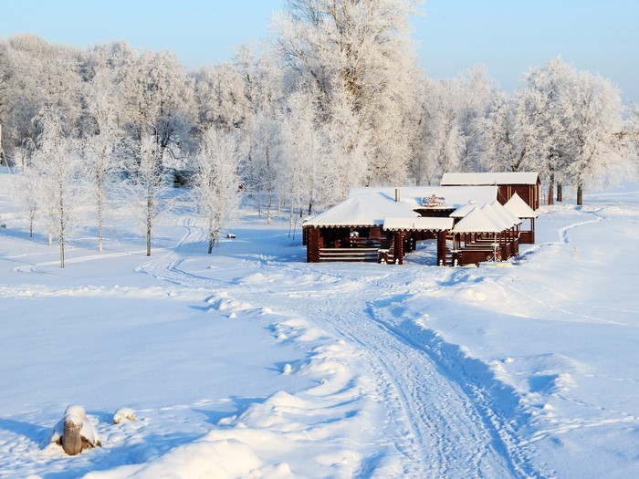 Wooden houses in a snowy landscape with frosted trees