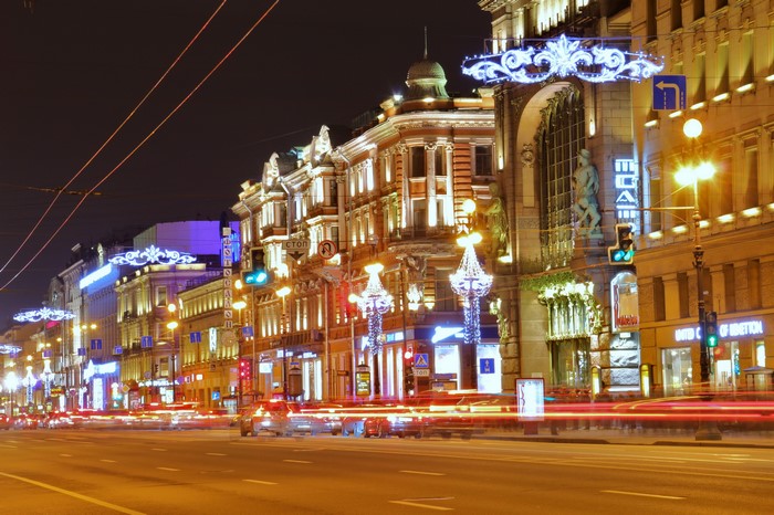 Night street in St. Petersburg with car light trails
