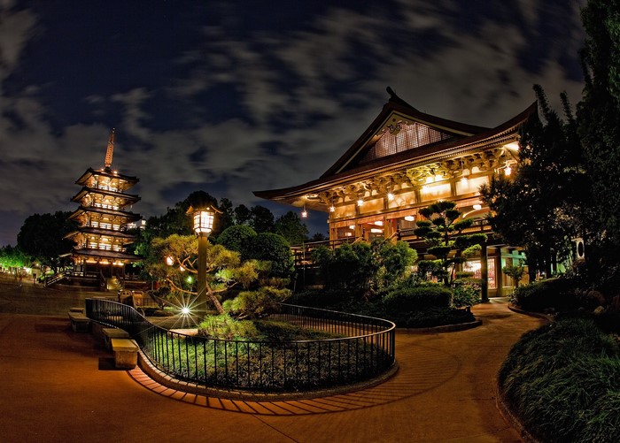 Japanese Pagoda and Temple at Night