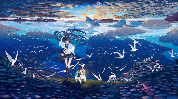 Hatsune Miku and dog with gulls