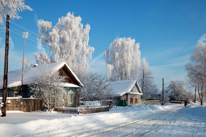 Winter Village Scene in Russia