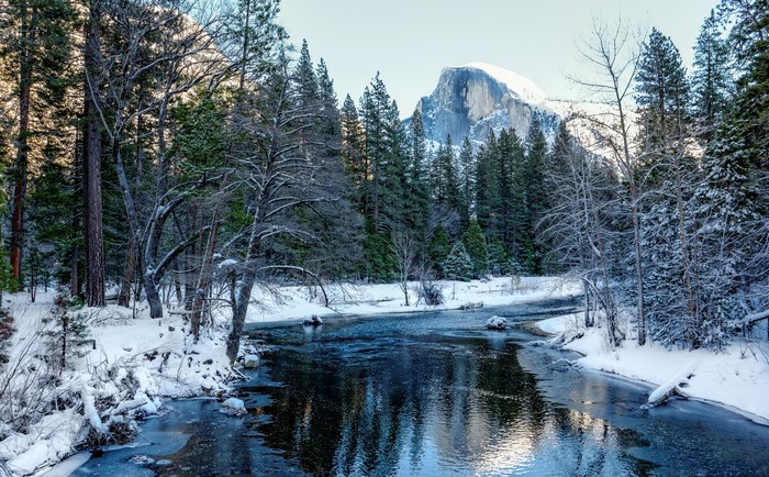 Winter scene in Yosemite National Park with Half Dome