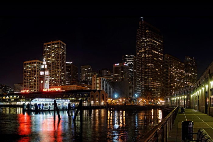 San Francisco skyline at night with Ferry Building