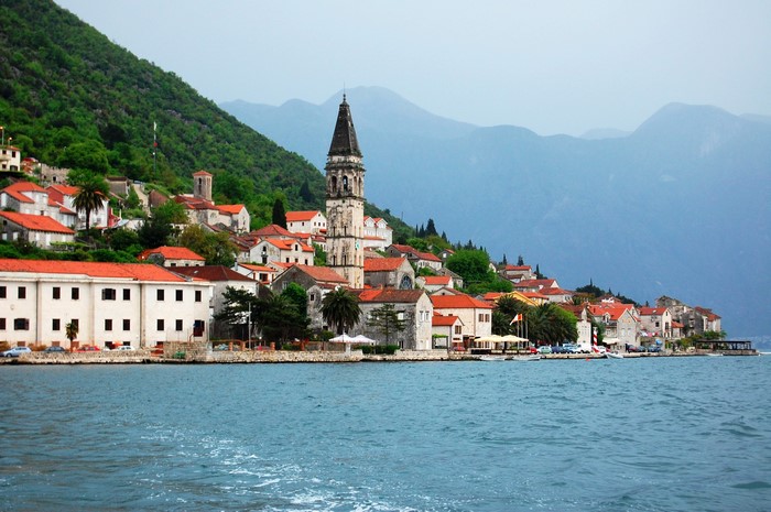 Perast, Montenegro coastal town with bell tower