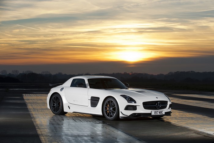 White 2014 Mercedes-Benz SLS 63 AMG Black Series at Sunset