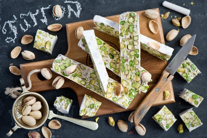 Pistachio Turron with Knife and Pistachios