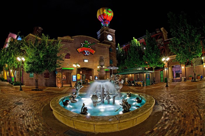 Muppet Vision 3D fountain at night