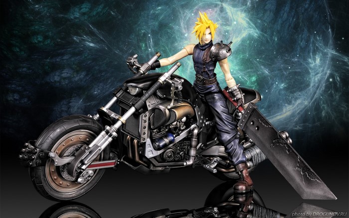 Cloud Strife from Final Fantasy VII on a motorcycle