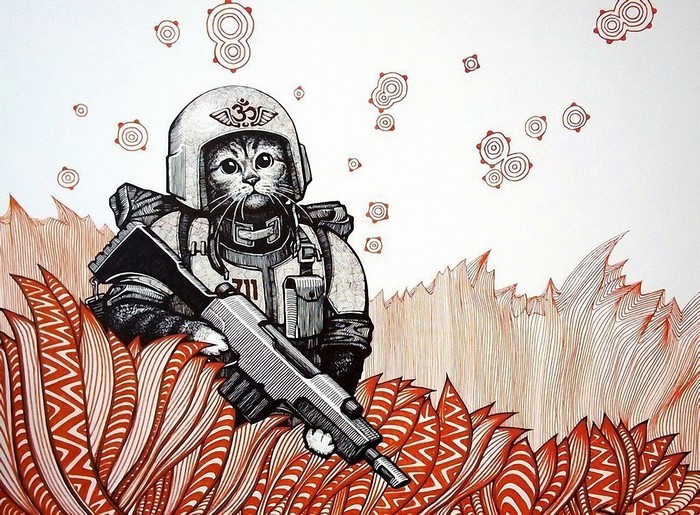 Cat Warrior with Rifle in Stylized Landscape