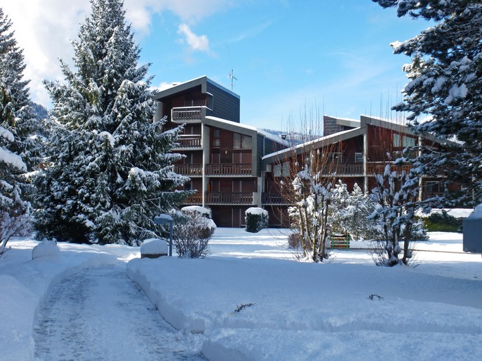 Apartment buildings in Morillon, France during winter