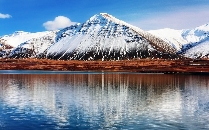 Snow-capped mountains reflected in a lake