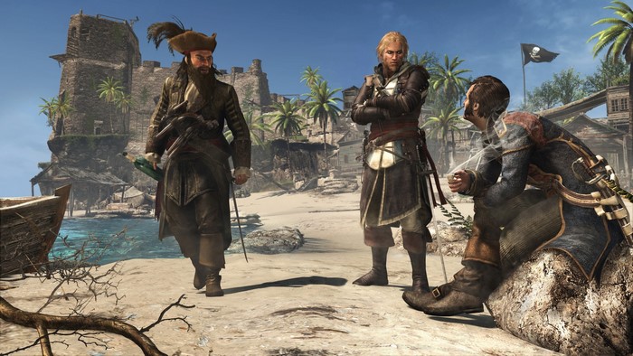 Three pirates on a beach with a castle and a pirate flag
