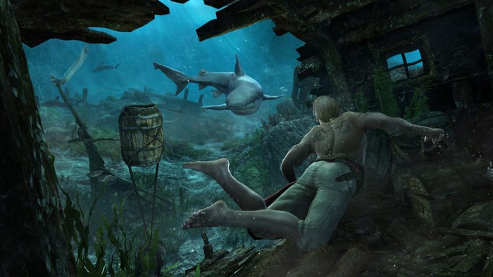Man swimming underwater with sharks near shipwreck in Assassin's Creed IV: Black Flag