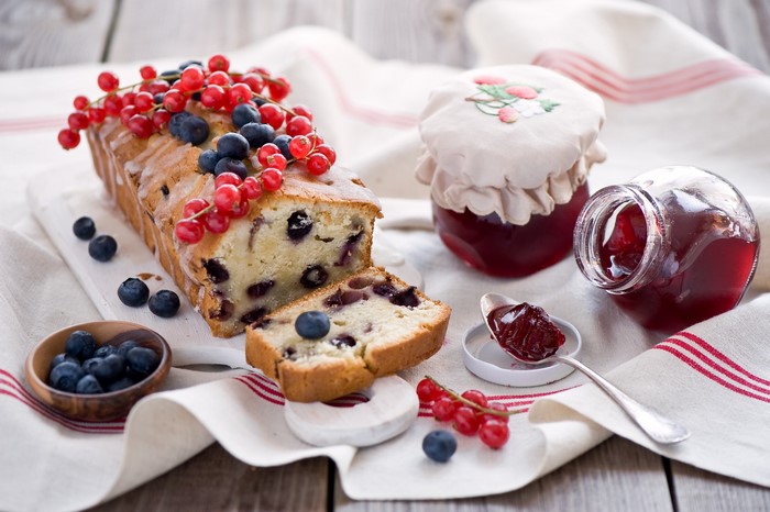 Blueberry Pound Cake with Red Currants and Jam