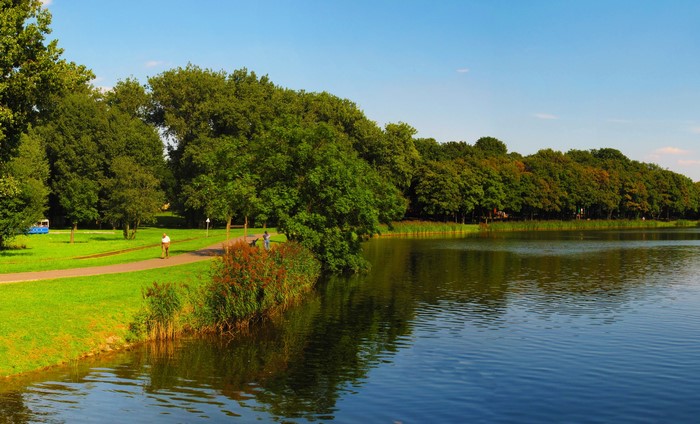 Park with lake and trees in Poznan, Poland