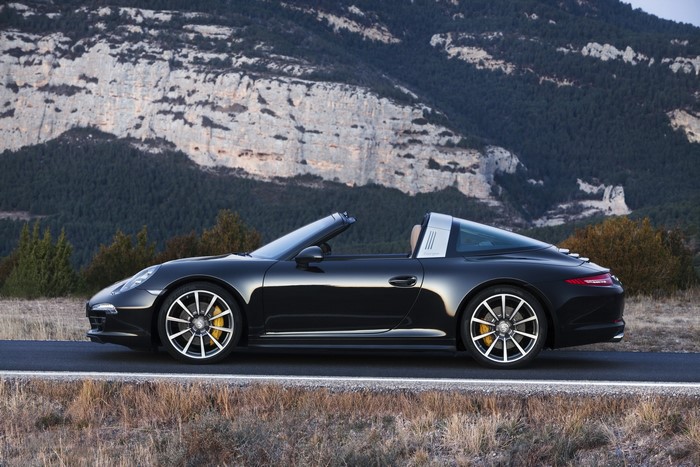 Black Porsche 911 Targa 4S parked on a road