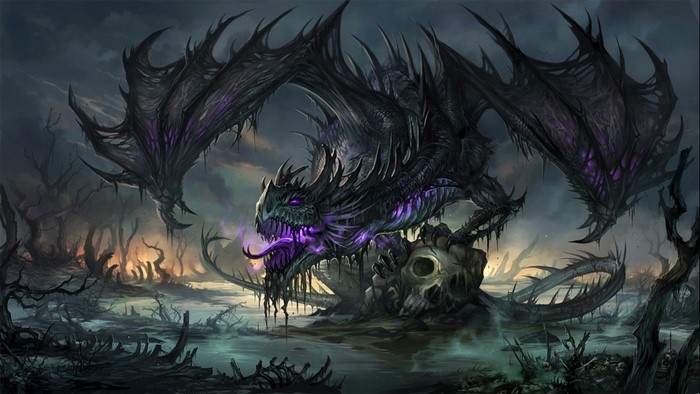 A dark dragon perched on a skull in a swamp