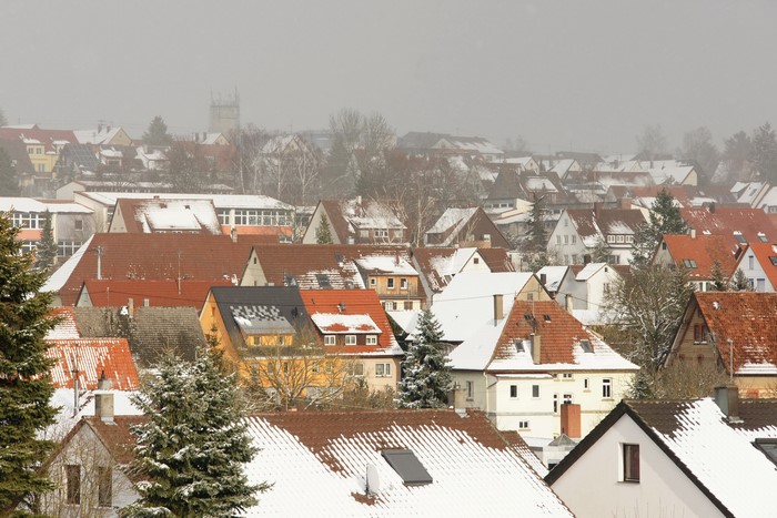 Houses in Renningen, Germany covered in snow during winter