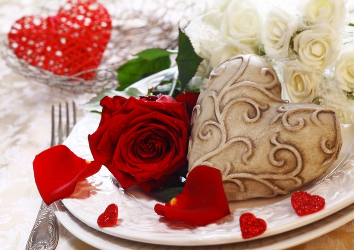 Valentine's Day Table Setting with Roses and Hearts