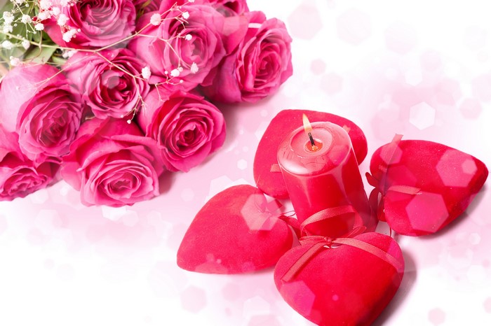 Pink Roses with Red Candles and Hearts