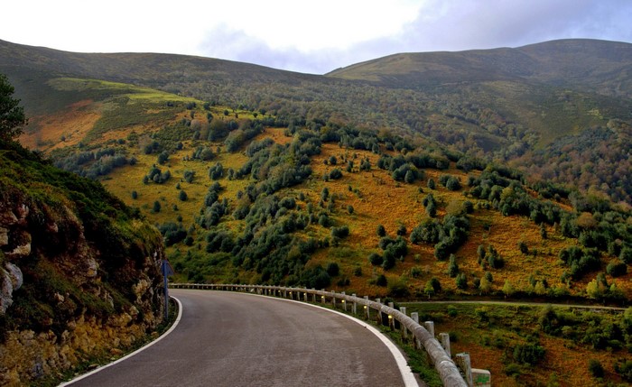 Winding mountain road through autumn foliage in Cantabria, Spain