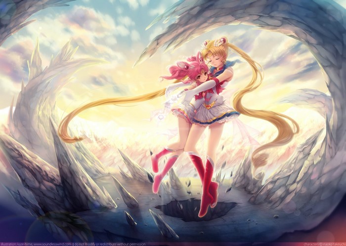 Sailor Moon and Sailor Chibi Moon embracing