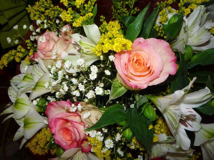 Bouquet of Roses, Lilies, and Yellow Flowers