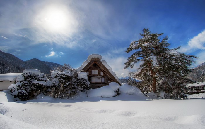 Traditional Japanese house in Shirakawa-go during winter