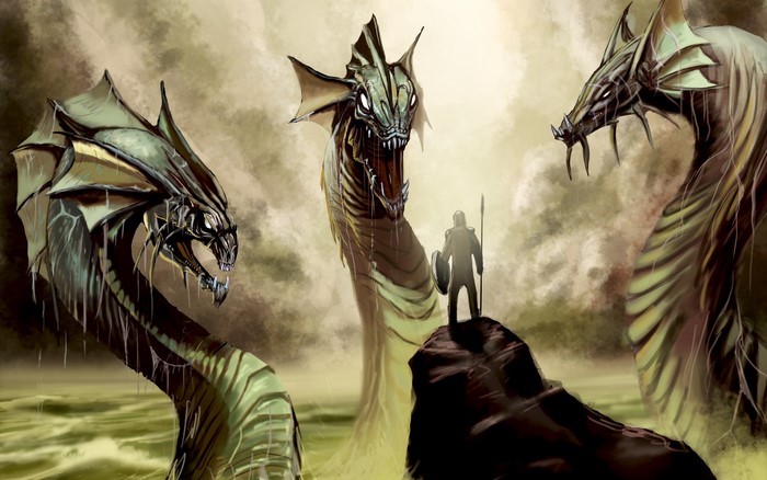Warrior faces three sea monsters in a swamp