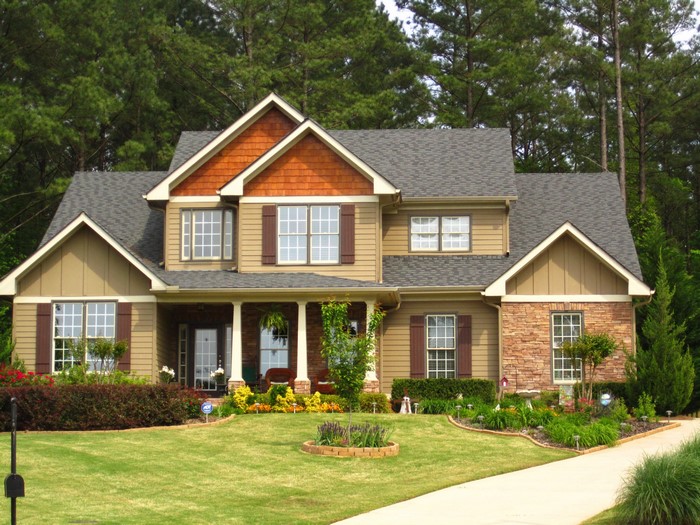 Suburban house with landscaping and trees