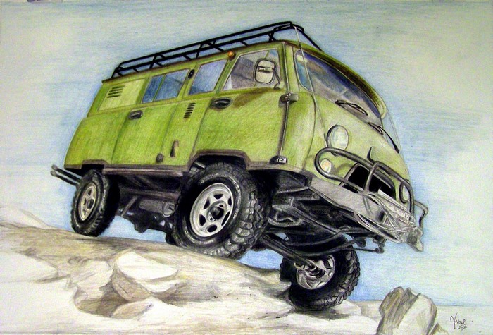 Green UAZ off-road van climbing rocks