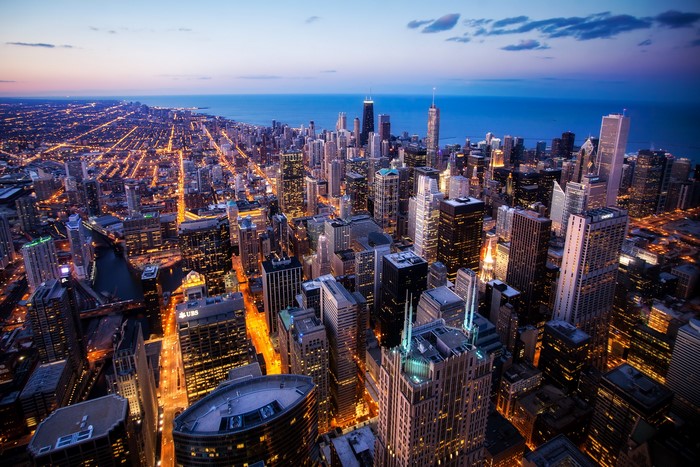 Chicago skyline at dusk with Lake Michigan