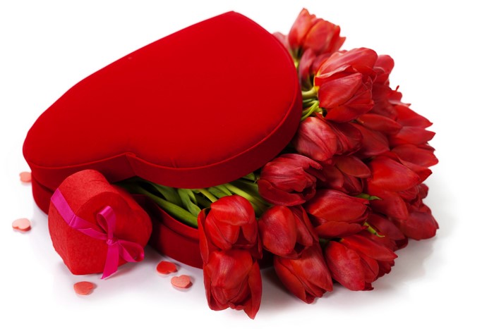 Red Heart Box with Tulips and Small Gift Box