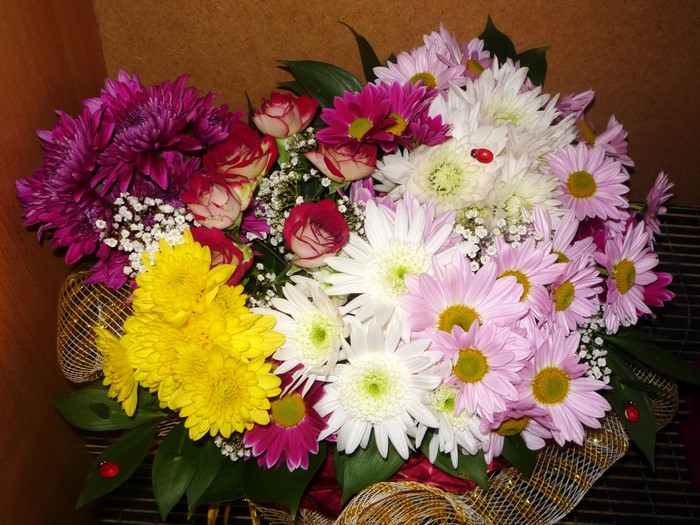 Bouquet of Chrysanthemums and Roses with Ladybugs