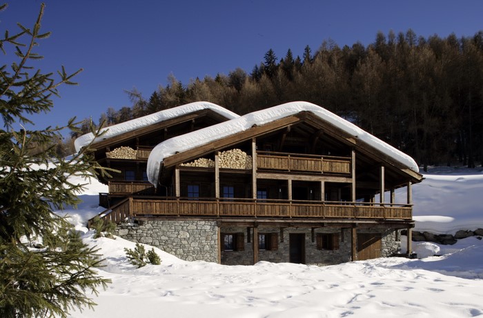 Wooden chalets in Courchevel, France during winter