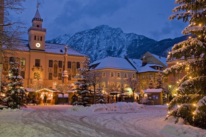 Christmas market in Bad Reichenhall, Germany during winter at night
