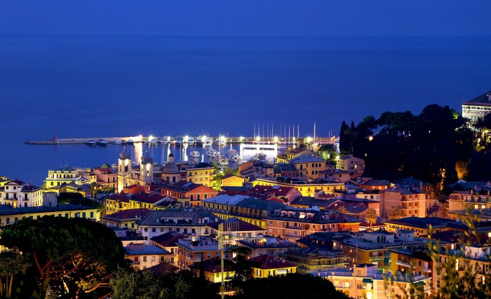 Santa Margherita Ligure at night with harbor and sea