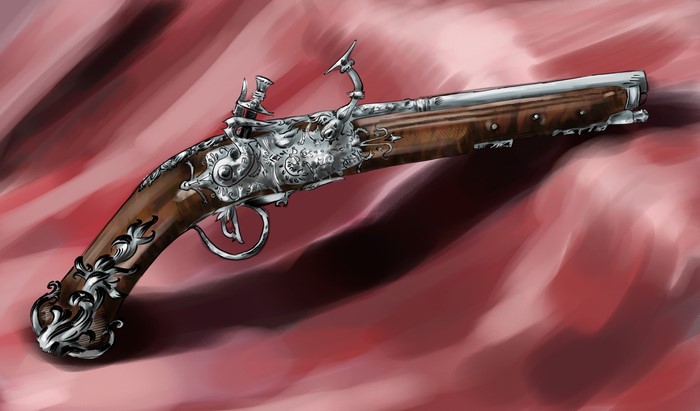 Antique flintlock pistol on red fabric