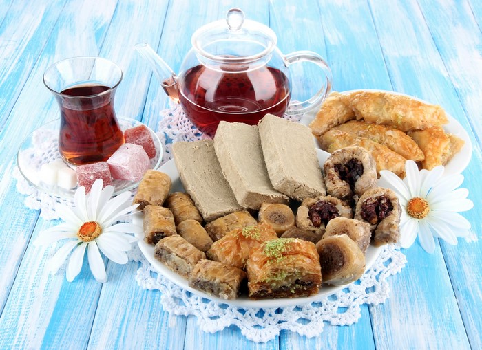 Turkish tea and pastries with halva and Turkish delight