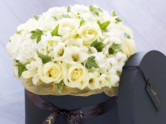 White roses and hydrangeas in a dark box