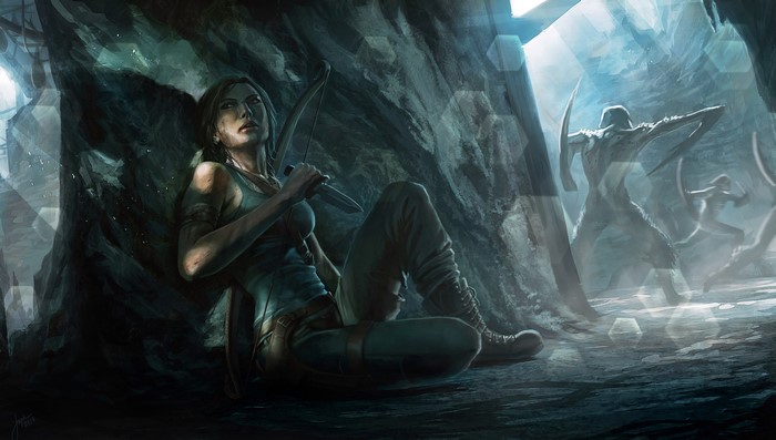 Lara Croft from Tomb Raider in a cave with enemies