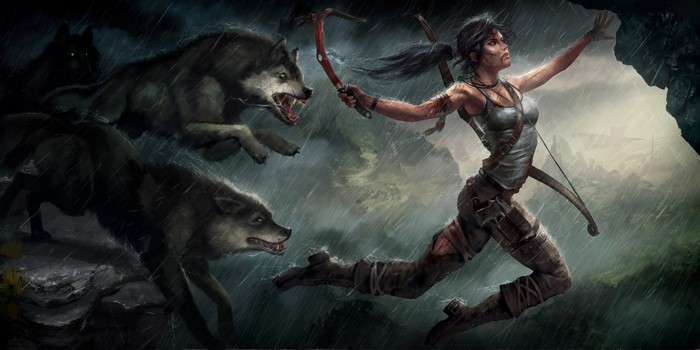 Lara Croft from Tomb Raider fighting wolves in rain