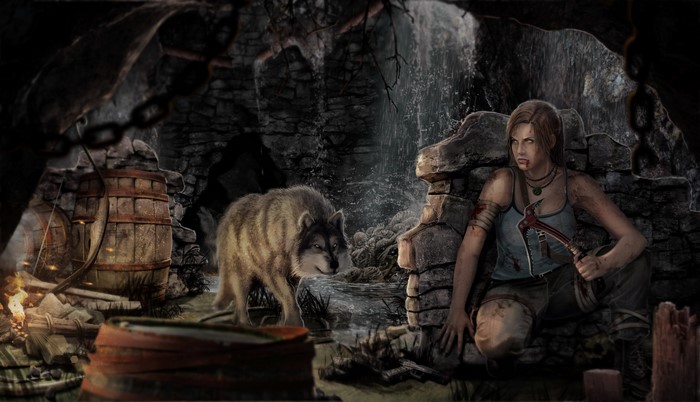 Lara Croft from Tomb Raider with a wolf in a cave