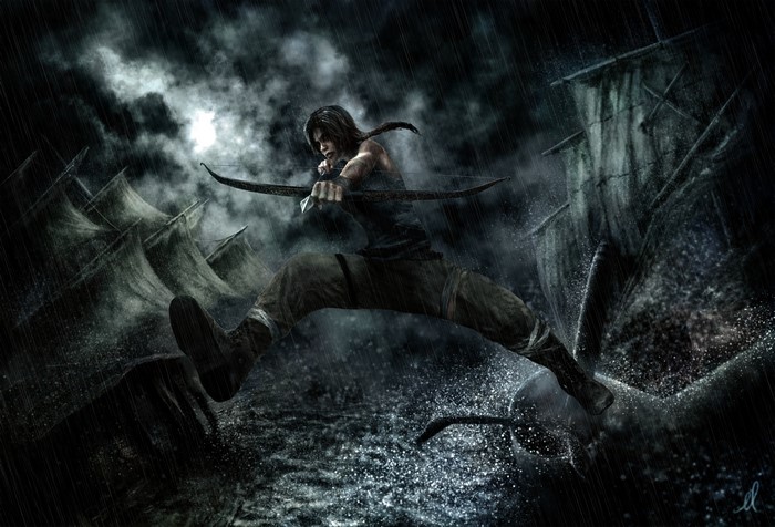 Lara Croft from Tomb Raider jumping with a bow in the rain