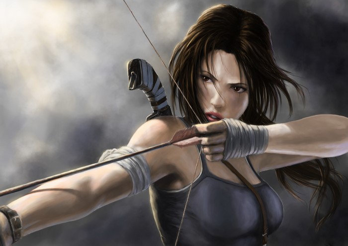 Lara Croft from Tomb Raider aiming a bow and arrow