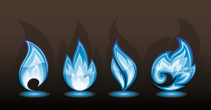 Four stylized blue flames