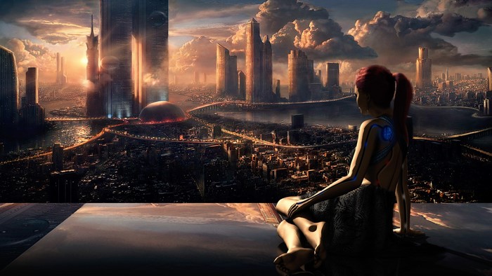 Woman with cybernetic implants overlooking futuristic city