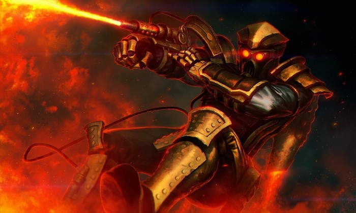 Steampunk warrior firing a flamethrower in a fiery environment