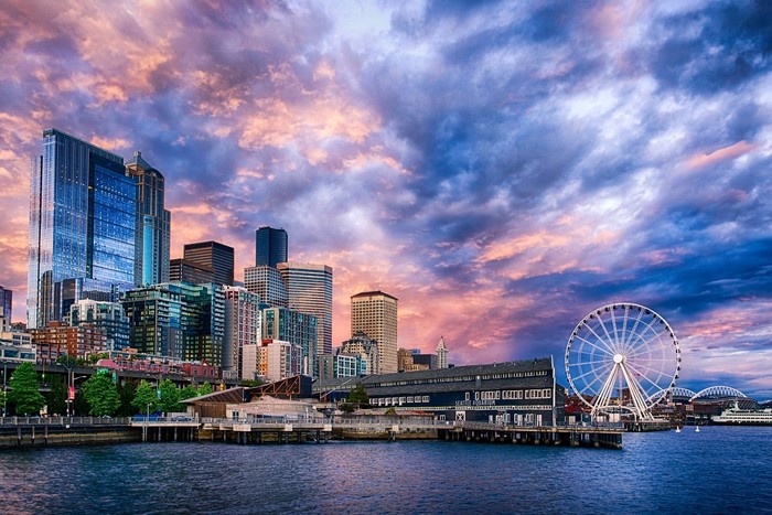 Seattle Skyline with Ferris Wheel at Sunset
